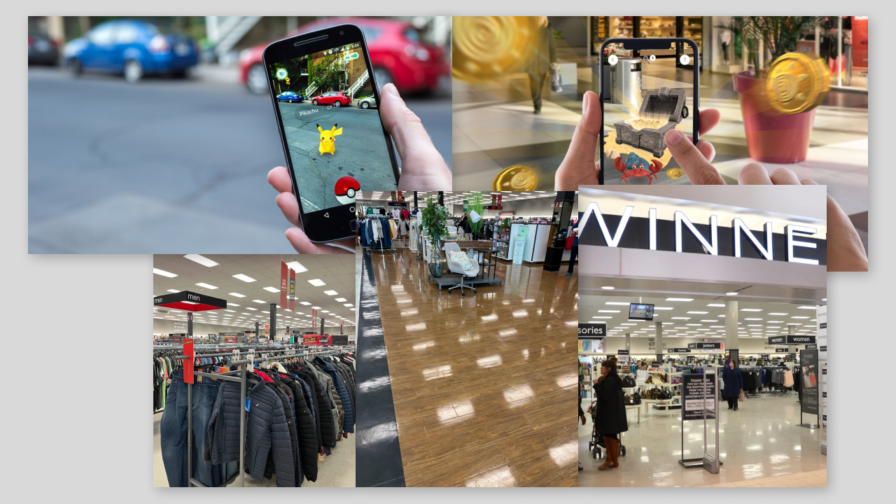 Collage of images of Pokemon GO, and Winners Store locations.